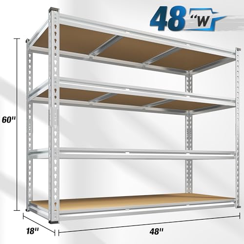 REIBII Garage Shelving, 4 Tier Storage Shelves Load 2000LBS, Adjustable Garage Shelving Heavy Duty, Metal Shelves Unit for Basement, Warehouse, 48" W x 60" H x 18" D, Galvanized
