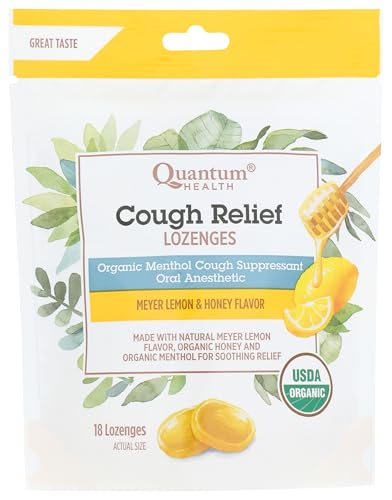 Quantum Health Organic Cough Relief Lozenges, Meyer Lemon & Honey, Natural Menthol Cough Suppressant, Bagged, 18 Ct, Light Yellow