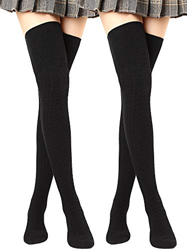 Winter Thigh High Socks Over Knee Stockings Thick Long Boot Socks for Women (Black, 2)