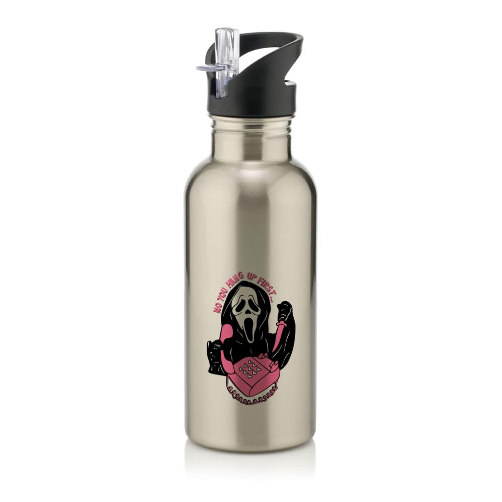 Giftme No You Hang Up First, Horror, Ghostface, Ghost Mask, Halloween, Stainless Steel 600ml Water Bottle with Straw. (Silver)