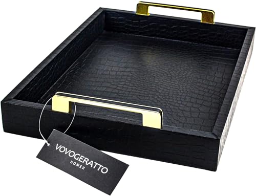 VOVOGERATTO Black Serving Tray with Handles, Large Alligator Faux Leather Decorative Tray, Coffee Table, Ottoman Rectangular Trays for Home Decor, for All Occasions,16" x 12"
