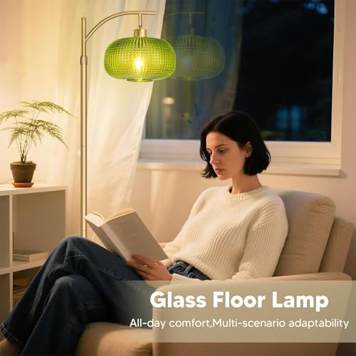 Image of Glass Floor Lamp for Living Room, Dimmable Gold Tall Lamp with Remote