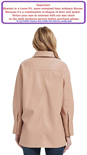 Risissida Women Faux Leather Shacket Jacket Button Down Long Sleeve Shirts Spring Fall, Casual Vegan Pleather Blouses Pink 21001 M #TOP1