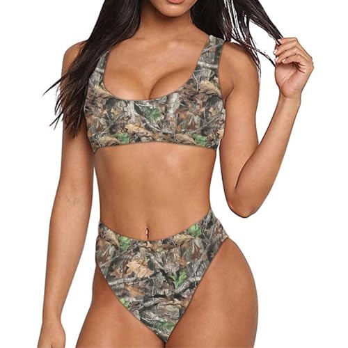 INSTANTARTS Oak Camo Leaf Two Piece Tankini Swimsuit Summer Sports Bikini Suit Sexy Tight High Waisted Swimwear for Women Size L