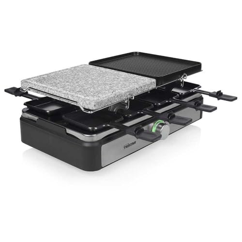 Tristar RA-2725 Raclette multifuncional cinco en uno, plancha de asar, parrilla, raclette y plancha de piedra, termostato regulable, superficie doble de 21 x 23 cm, Para 8 comensales, 1400 W