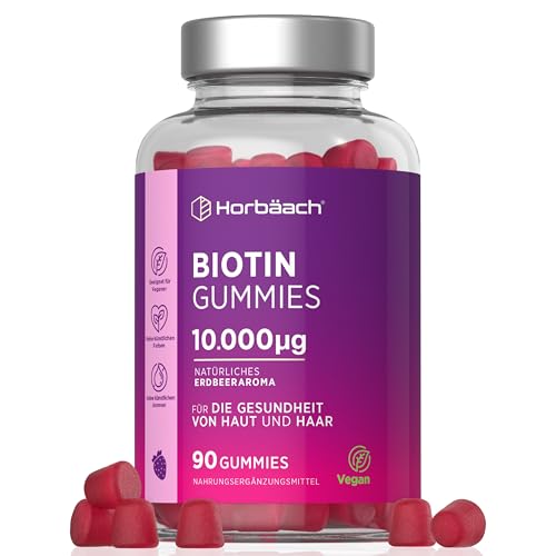 Biotin Gummibärchen 10.000μg | mit Reines Botin für Haut Haare Nägel | Haarvitamine mit 5000μg Biotin Vitamine pro Gummi | 90 Vegane Gummies | Erdbeergeschmack | by Horbaach