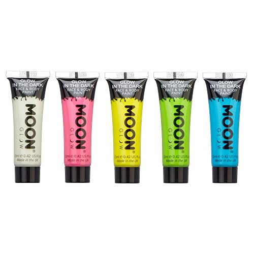 Moon Glow Pintura para rostro y cuerpo que brilla en la oscuridad, 12 ml, fosforescente, carga para brillar Set de 5