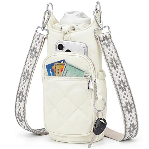 Fiiuos Crossbody Water Bottle Bag for Women, Lightweight Insulated Water Bottle Carrier with Phone Pocket, Secure &Hands-Free for Walking, Travel, Outdoor (Up to 40oz) White by Fiiuos - Used condition - US$16.38