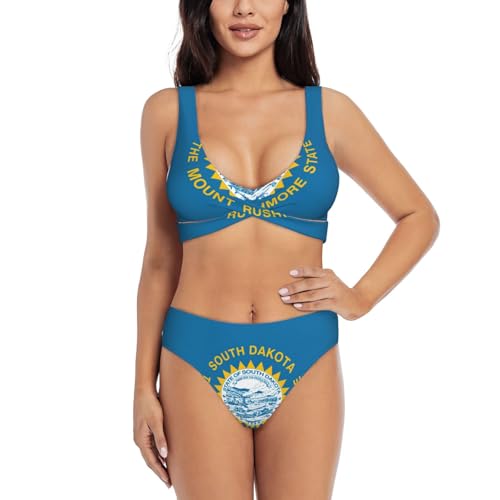 South Dakota Flag Ladies Bikini Set Cross Over Front,U Back Bathing Suit Made from Quick Dry Fabric Black