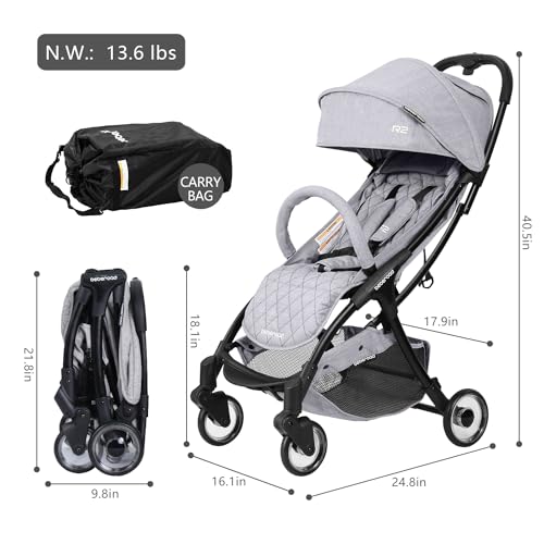 Beberoad Love R2 Small Travel Stroller Compact Strollers Foldable Lightweight Baby Stroller for Airplane, Infant with Adjustable Backrest, Cup Holder and Waterproof Canopy, Gray - Image 6