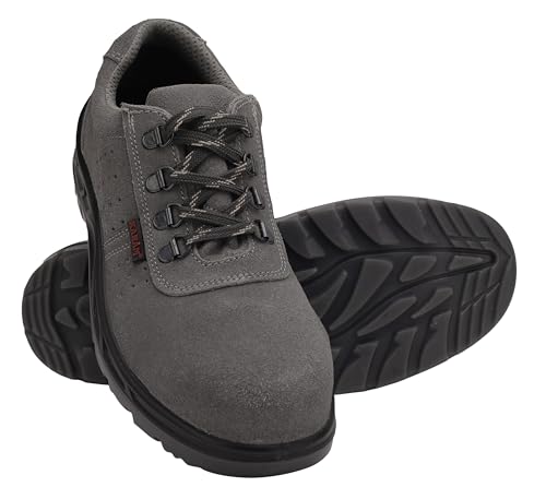 Image of Karam FS64 Suede Grey Leather Safety Shoes for Men | Double Density, Steel Toe | Black PU Mid Sole,|Antistatic, Antislip, Oil & Heat Resistant | Grey