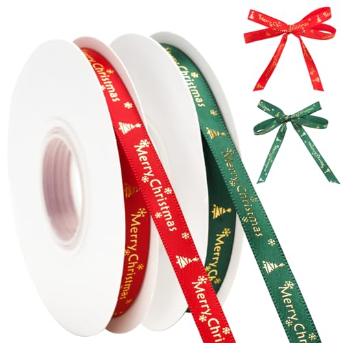 G2PLUS 2 Rouleaux Ruban de Noël:10 mm Ruban Satin Rouge et Vert 25 Yards Estampé à Chaud Sapin de Fête de Polyester,pour Emballage Cadeau,Noël,Mariage et Baptême