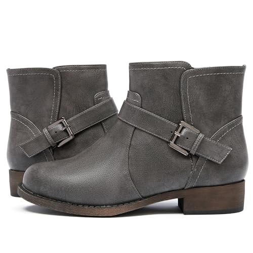 Veittes Women's Ankle Boots - Classic Side Zip, Cover with Buckle Strap, Comfortable Platform, Round Toe, Low Chunky Heel Comfort Slip On Fashion (Black/Dark Brown/Grey) Boots2
