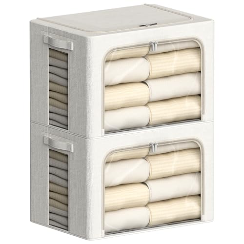 Image of FHSQX 2 Pack Clear Window Storage Bins Large Stackable Linen Fabric Storage for Clothes Foldable Container Organizer Set with Carrying Handles (Lvory White, 19.7x 15.7x 12.6 Inch)