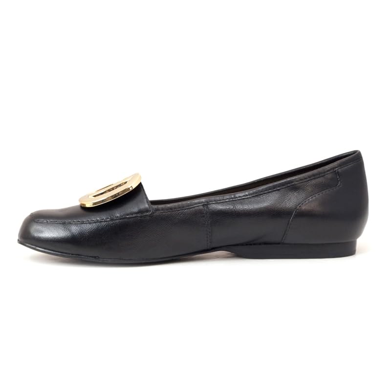 Women's Leather Ballet Flats, Square Toe, Black with Gold