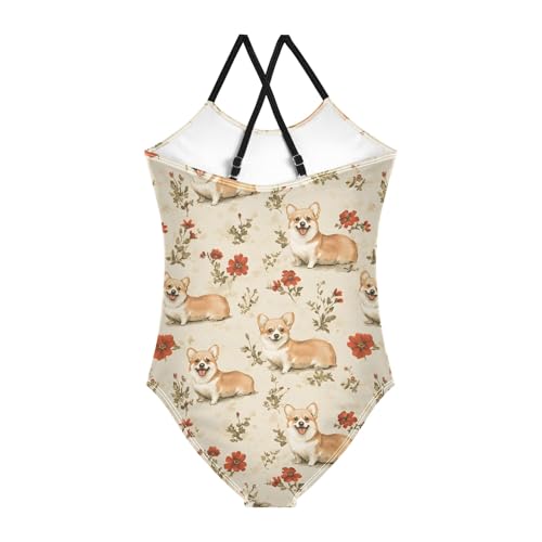 Girl's One Piece Swimsuit Corgi Red Flower A Beach Bathing Swimwear2