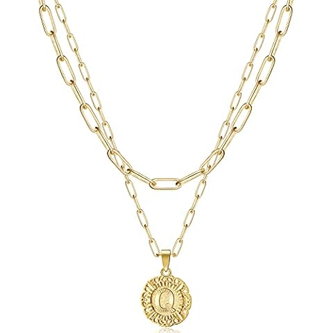 KissYan Gold Layered Initial Necklace for Women Girls, 14K Gold Plated Dainty Layering Round Letter Pendant Paperclip Link Chain Necklace Cover