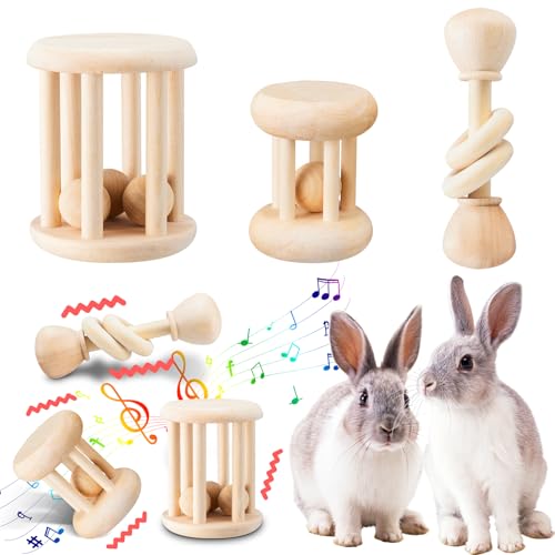 AOWPFVV 3 Pcs Natural Wooden Bunny Toys, Safe Rabbit Toys for Guinea Pig Chinchillas Hamsters Small Animals Playing Teeth Grinding Indoor Outdoor