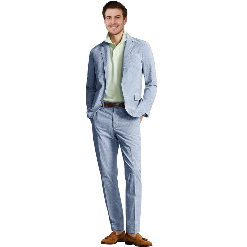 Men Sear Sucker Summer Suit 2 Pieces Lightweight Grooms Blazer Suit Set for Beach Wedding Mens Leisure Party Jacket Pants Set