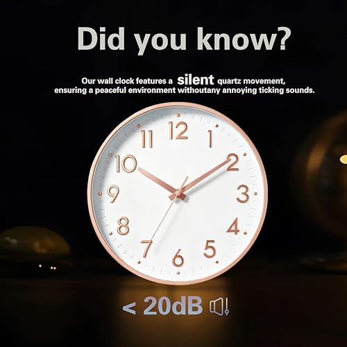 Image of Mosewa Wall Clock 12 Inch, Battery Operated Silent Non-Ticking Modern Analog Clock Decorative for Kitchen, Bedroom, Office, Living Room(Rose Gold)