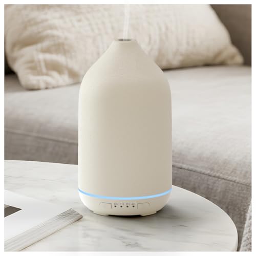 SALKING 200ml Ceramic Essential Oil Diffuser, Stone Diffusers for Essential Oils, Ultrasonic Aromatherapy Diffusers with with 7-Color LED Lights Timers, for Office Bedroom Home (White)