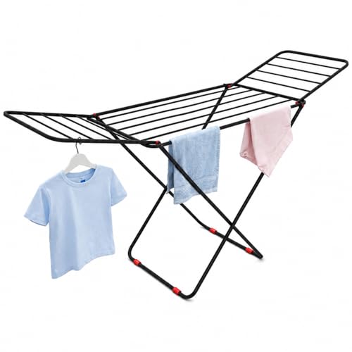 Image of LiMETRO STEEL Foldable Clothes Drying Stand for Balcony & Indoor Use | Heavy Duty Mild Steel Laundry Rack | Space Saving Folding Cloth Dryer Stand | Black