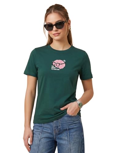 Image of JUNEBERRY Women's Regular Fit Printed Tee - 100% Pure Cotton, Round Neck, Half Sleeve Graphic T-Shirt for Daily Use (Colors: Red, Brown, Green & Future Dusk)