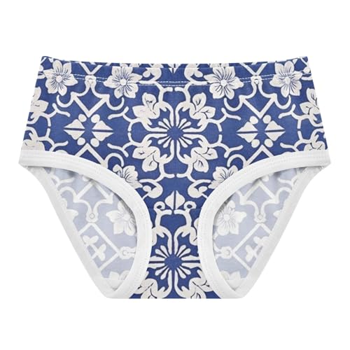 Blue and White Delicate Tile Girls' Breathable Triangle Panties Organic Underwear for Kid in Sizes 2T,3T, 4T, 5T, 6Y and 8Y