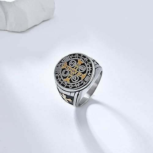 St Benedict Exorcism Ring, Titanium Steel Catholic Ring for Men Saint Benedict Medal Catholic Roman Cross Protection Jewelry Religious Amulet Signet Rings Big Size 7/8/9/10/11/12/134