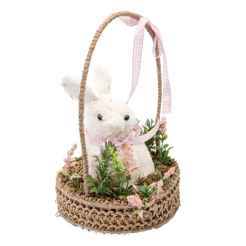Cartanfill-Easter Bunny Basket Decoration with Flowers, Woven Jute Basket with Handle, Spring Decor with Pastel Eggs (B2455)