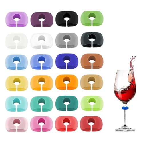 OUDQFCJ Lot de 24 étiquettes en verre à vin avec bouchon de bouteille, marqueurs de verre à vin en silicone pour décoration de fête, utilisation à la maison