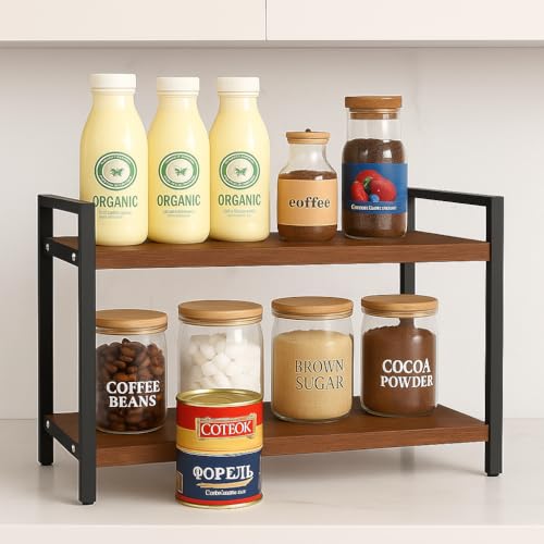 Image of Decorlay Kitchen Countertop Storage Organizer, Laminated Brown Wood Board with Black Metallic Frame | Space-Saving Rack for Spice Bottles & Condiments | Pack of 1