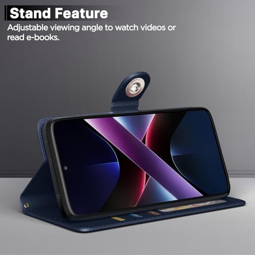 Image of Pikkme Flip Cover Leather Finish | Inside TPU with Card Pockets | Wallet Stand and Shock Proof | Complete Protection Button Flip Case for Poco X7 Pro 5G(Blue)