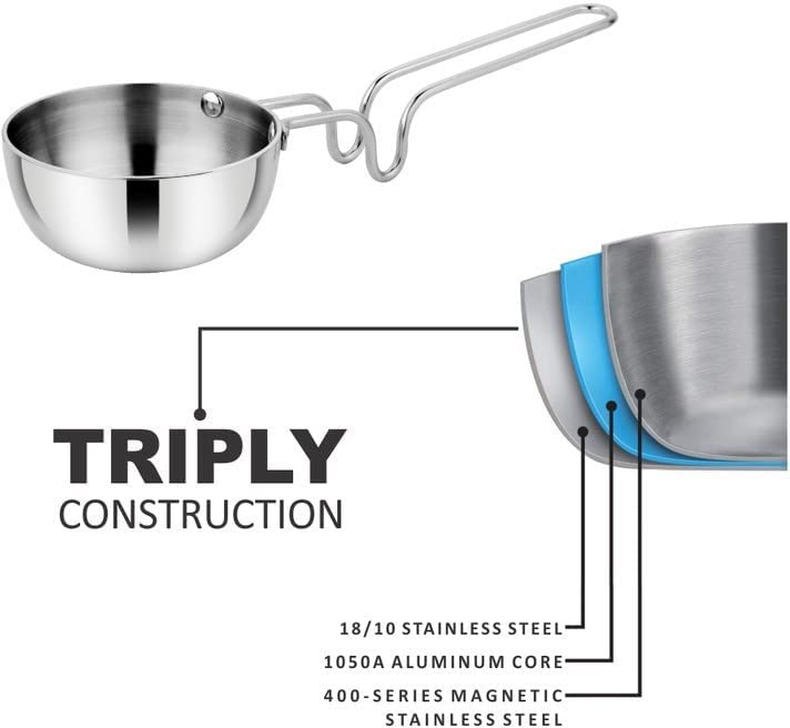 Image of Prabha Tadka Pan Stainless Steel 10cm Tadka Pan 200ml Capacity | Small Tri-Ply Tadka Pans Induction Base | Home & Kitchen TadkaPan With Handle |Chowka Pan Cooking, Frying Dal /Spices Heavy Gauge-Silver