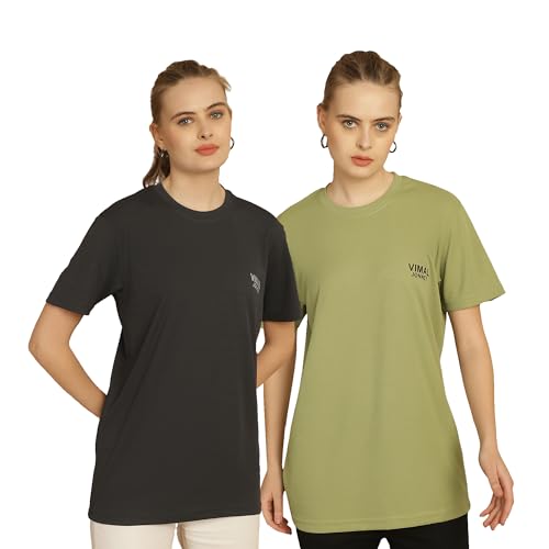 Image of Mack Jonney Solid Classic Fit Round Neck Polyester Lycra Half Sleeves Tshirt for Women(Pack of 2)-MACK630864