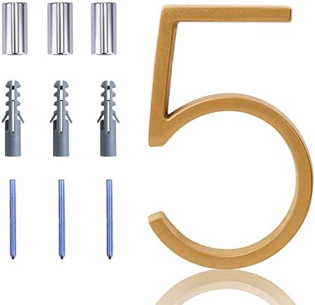 Floating House Number Modern House Numbers 5 inch, Deamos Zinc Alloy Home Address Number for House with Reflective Finish Gold Floating Mount or Flush Mount Zinc Alloy [Number 5], #5 (P0012A5-2)
