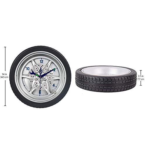 SkyNature Wall Clock for Living Room Decor, Silent Wall Clock Battery Operated Non Ticking, 14 Inch Vintage Tire Clock Wall Decor for Kitchen, Office, Shop, Garage, Boys Room - Blue