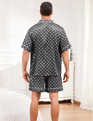 Image of SWOMOG Men Silk Pajama Set Short Sleeve Satin PJs Sets 2 Piece Button Down Sleepwear Soft Summer Loungewear with Pockets