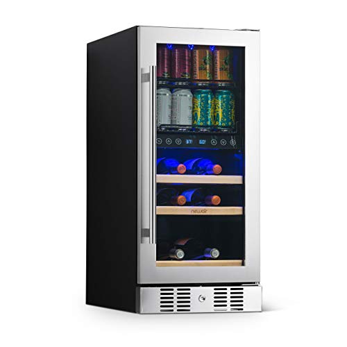 Newair 15" Wine and Beverage Refrigerator 9 Bottle and 48 Can Capacity, Beverage Cooler in Stainless Steel, Built-in or Freestanding Dual Zone Drink Fridge with Triple-Pane Glass Door