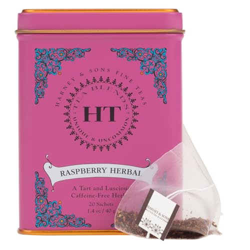 Image of Harney & Sons HT Raspberry Herbal Tea, Caffeine Free, 20 Sachets Tin | Caffeine-free herbal blend with rosehips, hibiscus, orange peel, and raspberry flavor.