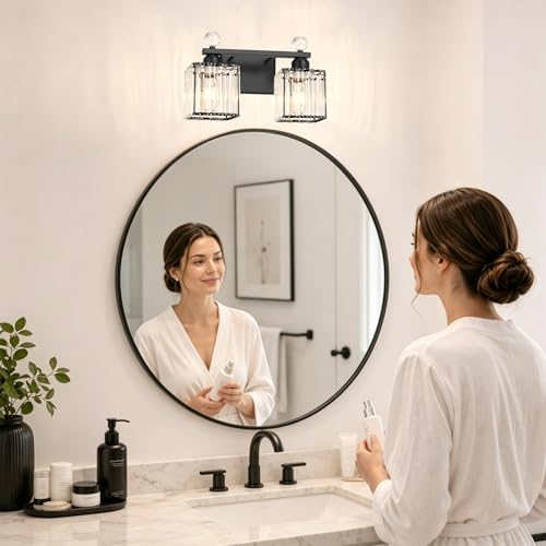 Image of Lxybcce Modern 14In 2-Lights Bathroom Vanity Light, Crystal Bathroom Light Fixtures, Black Vanity Light Fixtures Over Mirror, Easy Installation & Shadow-Free Illumination for Bathroom Mirror Decor