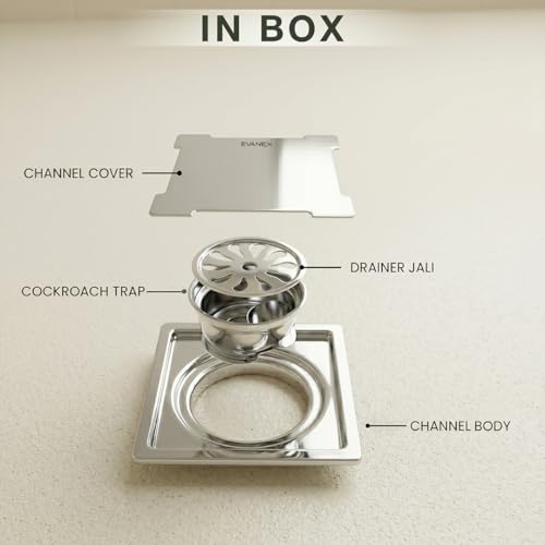 Image of EVANEX Square Shower Drain Channel | 6x6 Inch Floor Drain | 304 Stainless Steel Bathroom Jali |Waste Water Bathroom Drainer with Cockroach Trap | Silver| Bathroom Accessories Set