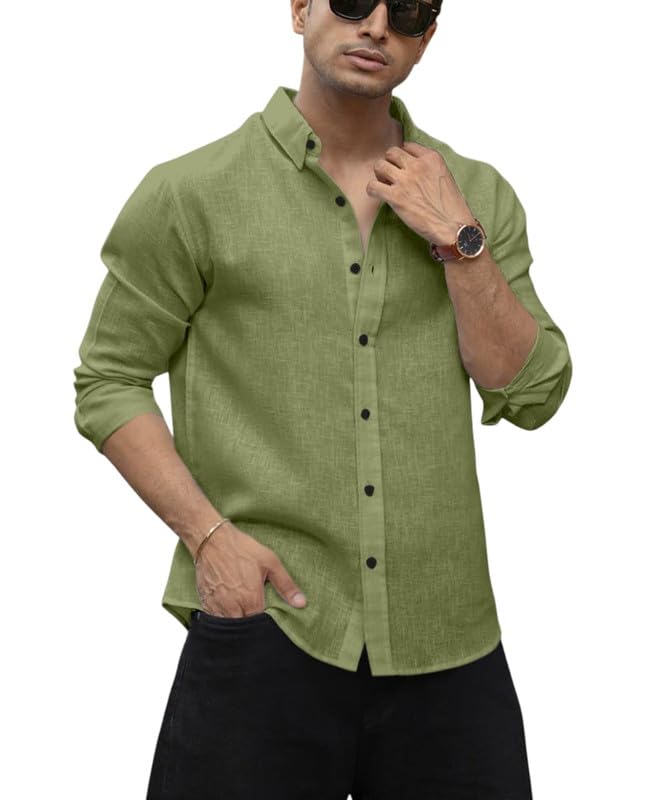 Image of Men's Solid Linen Cotton Shirt Casual Plain Full Sleeve Summer-Regular Fit Men Stylish Shirt DARK-LINEN-01