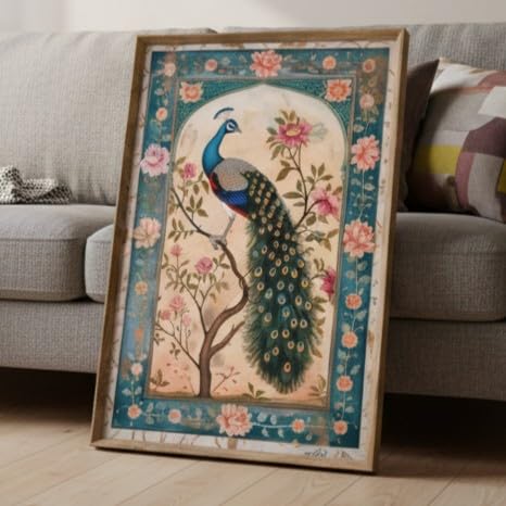 Image of Livin'luxe Vintage Peacock Floral Wall Painting with Wooden Frame | Elegant Bird Artwork HD UV Laminated MDF Wall Decor | Traditional Peacock Art for Living Room Bedroom Home Decoration