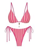 ZAFUL Hot Pink Bathing Suits Crochet Bikini Sets for Women Cheeky Two Piece Bathing Suits Striped Brazilian High Cut Knit Swimsuit for Vacation Resort Wear