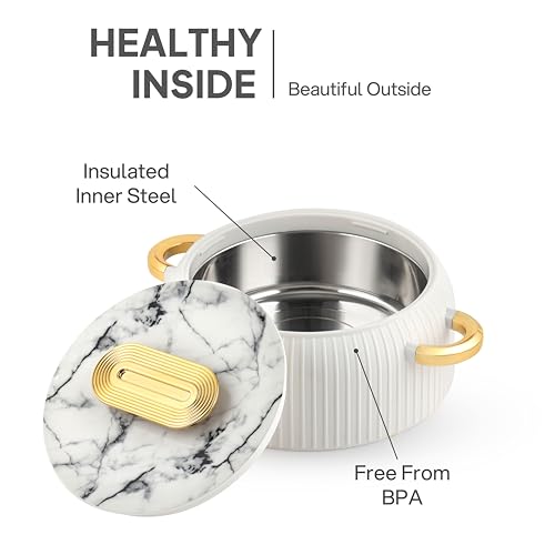 Image of CELLO Castella 1500 Insulated Steel Casserole Hot Box For Kitchen 1500ml Gold White |Double Wall Airtight Serving Hot Pot Case Keeps Food Hot & Warm For Long Hours, Casserole Set For Roti Chapati Rice