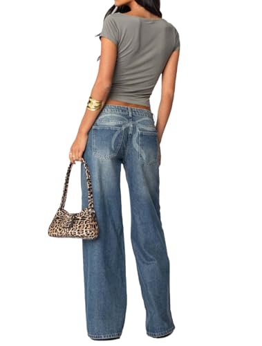 Women's Vintage Loose Fit Wide Leg Jeans Bow Print Back Mid Rise Distressed Trendy Straight Leg Denim Pants4