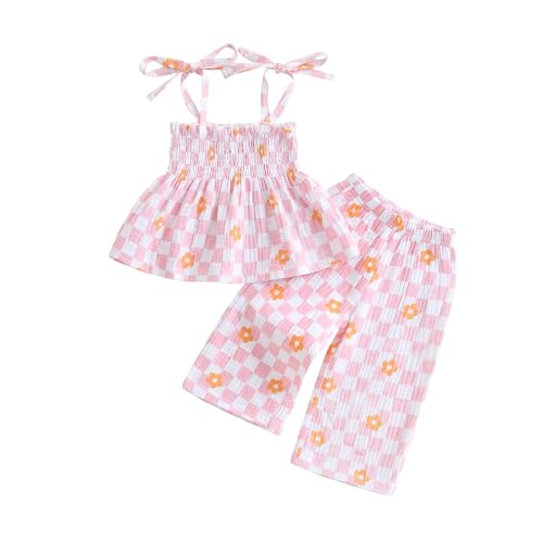 Image of VISGOGO Toddler Baby Girl Outfits Sleeveless Smocked Strap Camisole Linen Pants Bow Baby Summer Clothes