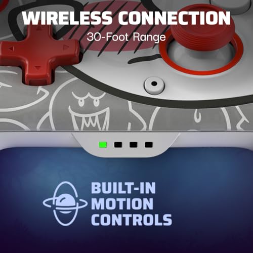 Image of PDP Rematch Glow Wireless Gaming Controller Boo Hoo Nintendo Switch 2, Lite | Also works with OLED, Motion Controls, Rechargeable 40-Hr Battery, 2 Mappable Back Buttons, Mario Boo-Hoo Glow Red & White