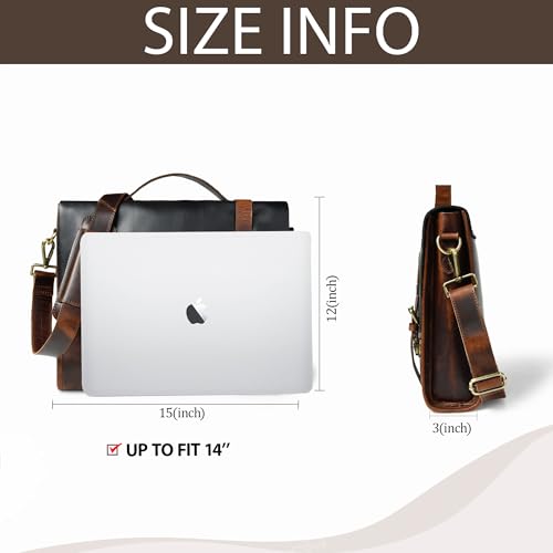 Leather Laptop Messenger Bag for Men & Women – 15 Inch Full Grain Cowhide Black Flap with Brown Hardwax Leather, Cotton Lining, Brass Buckles, Brass Zipper3